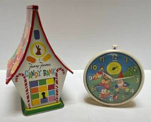 1960s Fanny Farmer Tin Litho Candy Bank (No Key) & 1960s Smiths Noddy Clock Made In Great Britain