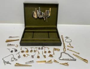 Jewelry Box Filled With Misc. Vintage Tie Clips & More