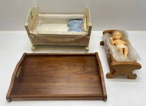 Vintage Items Including Baby Jesus, Doll Cradle & Wood Serving Tray