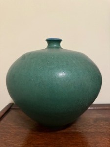 Large Handmade Green Pottery Vase - Signed