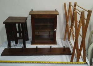 lot 596 image: Wood Lot, Cabinet, Stool, Coat Rack, Dryer Rack.