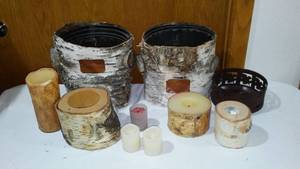 lot 715 image: Wood Candle Holders, Planter, And Candles.