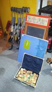 lot 738 image: Vintage Chalk Board, Wood Blocks And More.