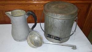 lot 753 image: Vintage Pewter Pitcher, Galvanized Ladle And Pail.