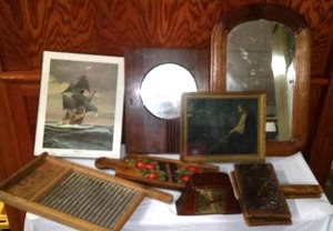 lot 755 image: Vintage Wash Board, Wood Carders, Clock And More.