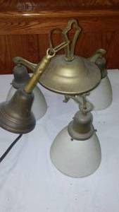 lot 789 image: Vintage Brass Or Copper 3 Bulb Ceiling Light.