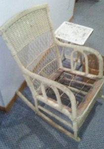 lot 791 image: Vintage Wicker- Rocking Chair, Basket And Table.
