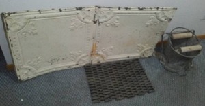 lot 792 image: Vintage Metal Ceiling Tin 2x4, Mop Bucket, Entry Mat.