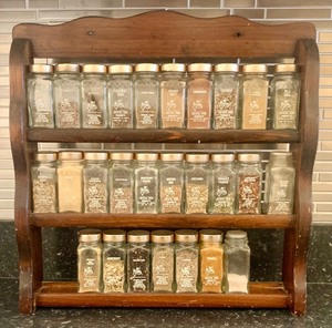 Vintage Wooden Spice Rack with Spice Jars