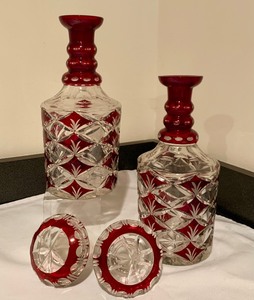 Stunning Cut Crystal and Red Glass Decanters