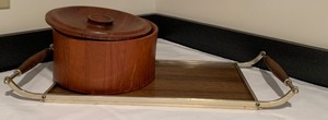 Vintage Mid Century Serving Tray and Wood Ice Bucket