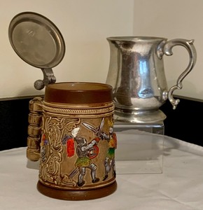 Vintage German Lidded Beer Stein and Silver Pewter Mug