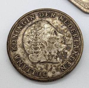 Pair of 1952 One Gulden Silver Coins and Five Cent Nickel from Netherlands