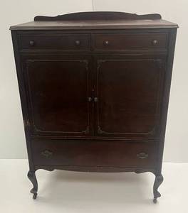 lot 12 image: Ornate 6 Drawer Armoire With Metal Wheels & Dovetail Drawers 37 12W x 51 12T x 20 34D