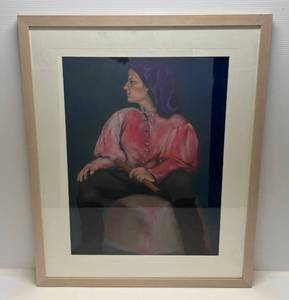 lot 19 image: 28 x 34 Framed Behind Glass Local Artist Signed Pastel Portrait Of A Woman