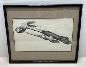 lot 21 image: 17 x 21 Framed Behind Glass Local Artist Pencil Sketch Signed Tool Of The Trade