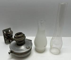 lot 120 image: Antique Railroad Caboose Train Kerosene Lamp With Wall Bracket & Misc. Glass Flutes