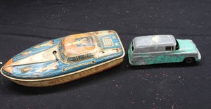 VINTAGE MISSILE FAST BOAT AND TOOTSIE TOY METAL VAN
