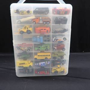 PLASTIC CARRIER BOX FILLED WITH HOT WHEELS CARS AND MORE