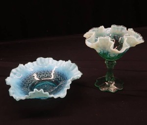 FENTON GREEN OPALESENT COMPOTE  AQUA BLUE JEFFERSON GLASS BOWL