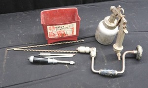 VINTAGE PAINT SPRAYER, HAND DRILL, AND MORE