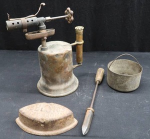ANTIQUE BLOW TORCH, ANTIQUE SAD IRON, AND MORE