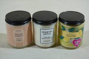 lot 133 image: 3 Bath & Body Works Candles -Pink Lilac & Vanilla, Country Apple, Iced Lemon Pound Cake