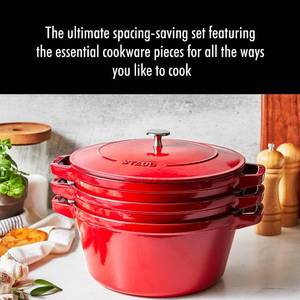 lot 6 image: Staub Cast Iron 4 Piece Stackable Cookware Set