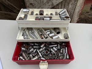 lot 9 image: Toolbox full of Miscellaneous Sockets Estimated to be over 100