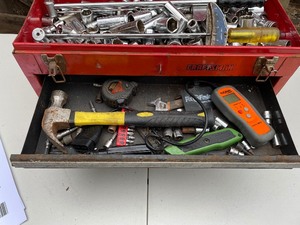 lot 10Q image: Craftsman Metal Tool Chest with Drawers includes Misc. Sockets, Tools, Wrenches, Hammer, Torque Wrench, Etc.  See photo for details