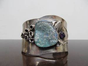 lot 3 image: Beautiful Large Signed Sterling Silver Cuff Bracelet wAncient Roman Glass 