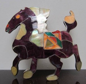 lot 14 image: Large Vintage Signed Inlaid 950 Sterling Silver Zuni Horse Pendant - Ivan & Inez Kee