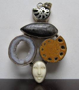 lot 21 image: Large & Impressive Sterling Silver Pendant wFossils, Stones & Carved Bone Face