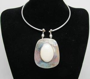 lot 27 image: Large Signed Sterling Silver & Fossil Ivory Pendant Necklace 