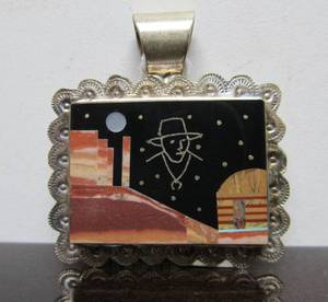 lot 36 image: Impressive Signed Calvin Desson Pictorial Native American Inlaid Sterling Silver Adobe Scene Pendant