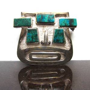 lot 40 image: Vintage Signed C. JARA Peru Sterling Silver AztecMayan Face Brooch Pendant