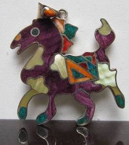lot 44 image: Large Vintage Signed Inlaid 950 Sterling Silver Zuni Horse Pendant - Ivan & Inez Kee