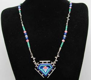 lot 54 image: Beautiful Inlaid Sterling Silver Intarsia Pendant Necklace by Tim Bastianse