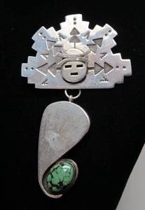 lot 82 image: Large & Impressive Vintage Navajo Sterling Silver & Turquoise Brooch Pendant by Wil Vandever