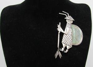 lot 89 image: LARGE Signed Sterling Silver & Ancient Roman Glass Figural HikerMountain Climber Brooch Pin