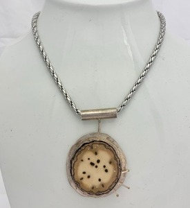 lot 5 image: Signed Vintage Sterling Silver Necklace wStone or Antler Round Pendant