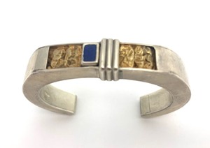 lot 15 image: Excellent Designer Sterling Silver 18k Gold & Lapis Cuff Bracelet