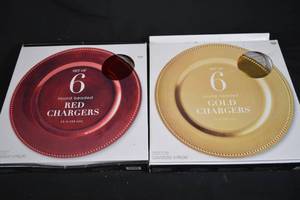 lot 132 image: 2ct Round Beaded Chargers Dishes Set of 6 Red and Gold
