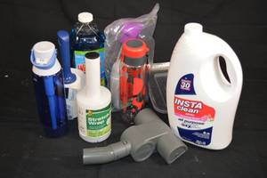 lot 133 image: Assorted Cleaning Supplies, Water Bottles, Etc. - Bin Not Included