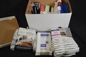 lot 186 image: Assorted Bathroom Lot Shower Liner, Towels, Etc.