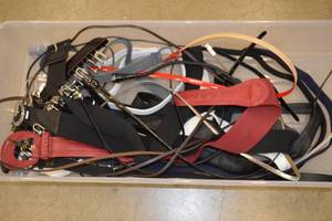 lot 191 image: Tub of Assorted Belts and Straps  Halo Bendy Double Ended Flashlight