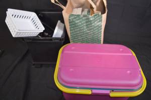 lot 192 image: Assorted Sewing and Office Supply Tubs, Folders, Paper, Sewing Kit