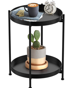 lot 308 image: 2 Tier Round Side Table, Black Metal  15.7D x 15.7W x 20.5H