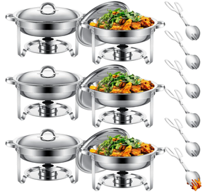 lot 47 image: LOT OF 6 Round Chafing Dish Buffet Set with Food Tongs