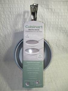 lot 57 image: 2 Pack Cuisinart Matte White Non-Stick Stainless Steel Skillet- 8 & 10